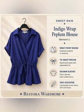Sweet Rain Wrap Peplum Blouse L Indigo Tie Waist Dolman Sleeve Office